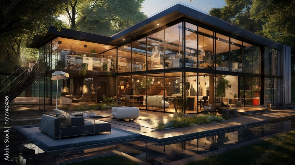 Fototapeta premium A photo of a Glass House with Open Plan Design