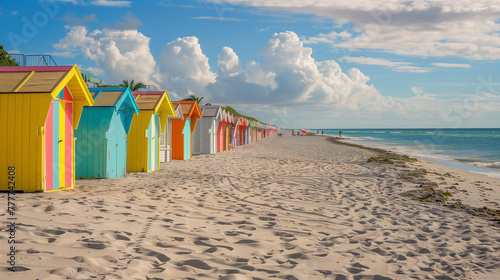 Row after row of vibrant beach cabanas lining a sandy shore, providing shelter and shade for beachgoers seeking respite from the sun while adding a picturesque pop of color to the coastal landscape photo
