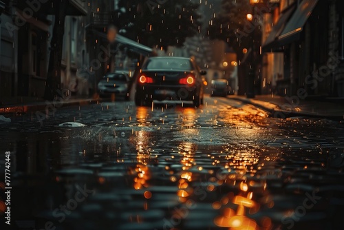distant car on a rainy on the street