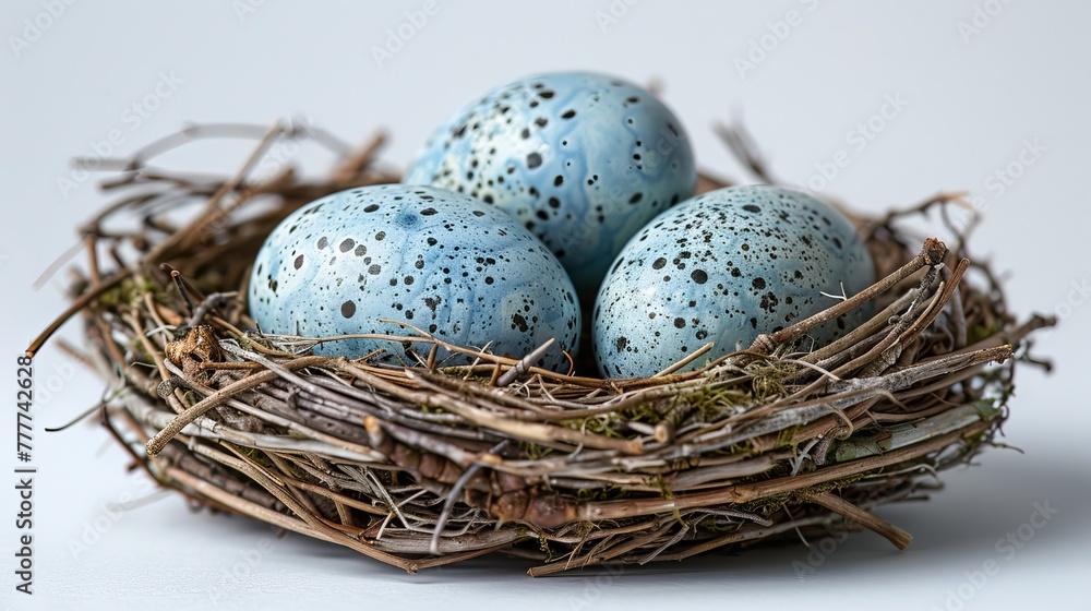 Close-up of blackbird eggs in a nest, isolated on a white background. Close-up of blackbird eggs in a nest, isolated on a white background.