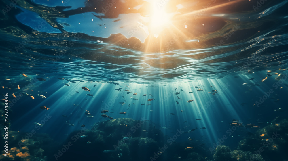 Underwater Ocean View with Sunlight Rays and Fish School