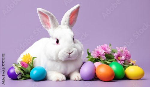Happy easter. Painted eggs and rabbit on violet © anetlanda