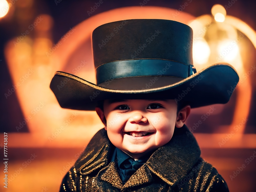 A young boy wearing a top hat and a coat, standing in front of a Christmas tree. A young boy wearing a top hat and a coat, standing in front of a Christmas tree.