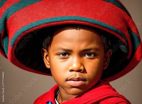 A young boy wearing a colorful hat and standing in front of a blue background. (ID: 777744065)