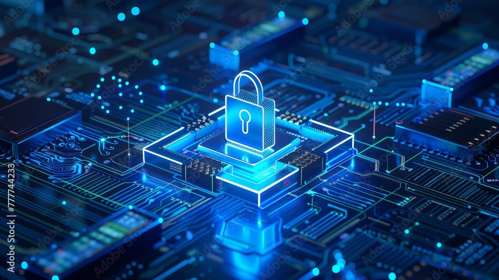 Internet digital cyber security technology concept. Lock on circuit board Internet digital cyber security technology concept. Lock on circuit board