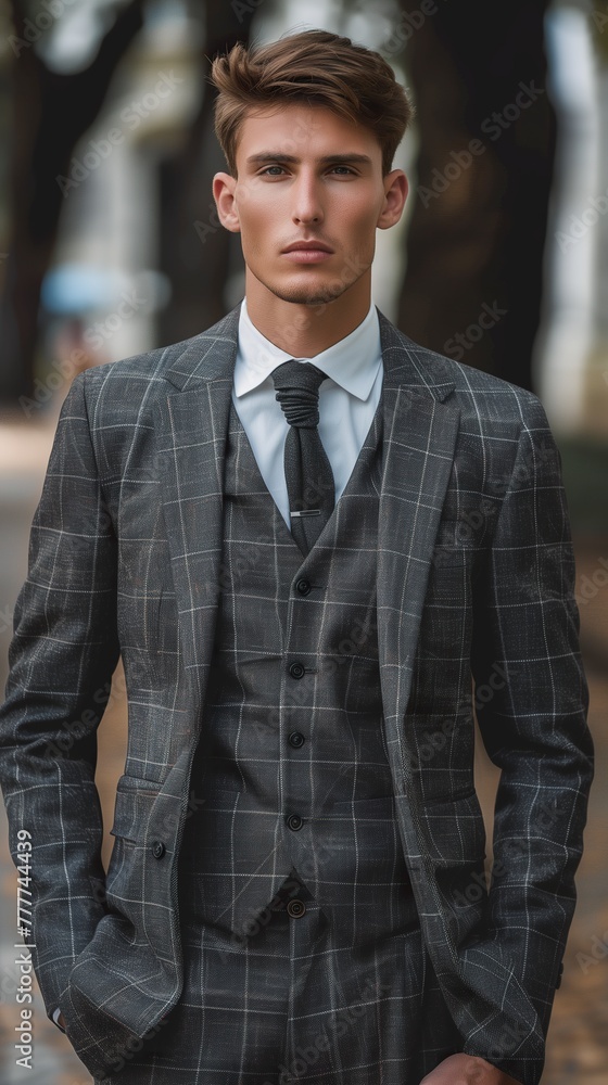 A male model radiates elegance and confidence as he wears an impeccable suit. Man wearing a suit that highlights his incomparable beauty and style.