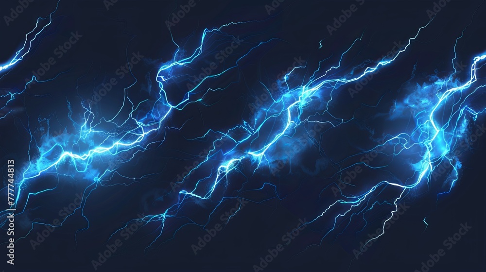 Animated lightning effects for games or videos. These vector graphics include electric strikes, magic electricity hits, and thunderbolt effects. Blue glowing storm bolts are also included. - obrazy, fototapety, plakaty 