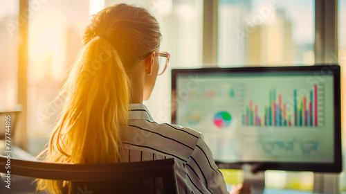 Businesswoman examining graph on monitor in office, advertising style at sunny day. Taken from back.