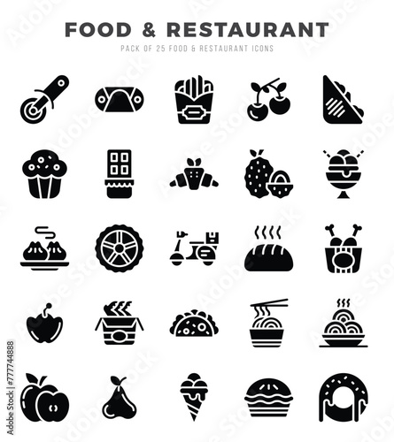 Set of Food and Restaurant icons in Glyph style. Glyph Icons symbol collection. © Icon