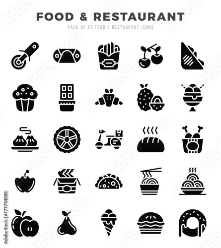Set of Food and Restaurant icons in Glyph style. Glyph Icons symbol collection.