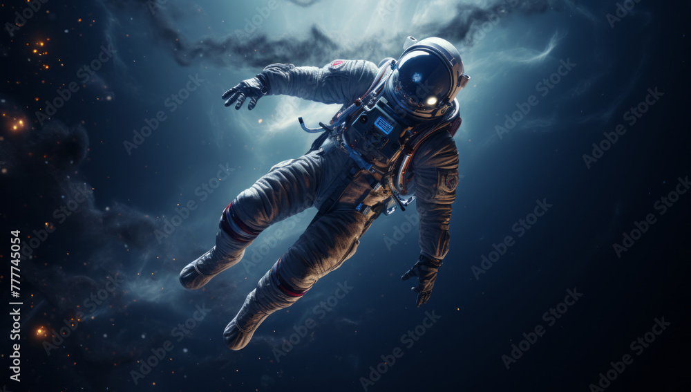 Fototapeta premium Astronaut floating in outer space floating. space wallpaper. Universe filled with stars, galaxies and planets. in zero gravity with Earth in the background