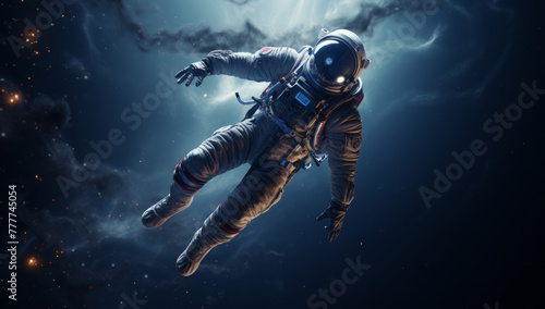 Astronaut floating in outer space floating. space wallpaper. Universe filled with stars, galaxies and planets. in zero gravity with Earth in the background