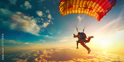 A man is flying in the air with a parachute