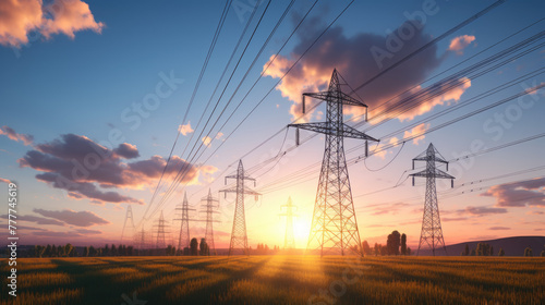 Full length photo high-voltage power lines at sunset, high voltage electric transmission tall tower. Texture high voltage pillar, overhead power line, industrial background. Panorama style. Silhoutte 