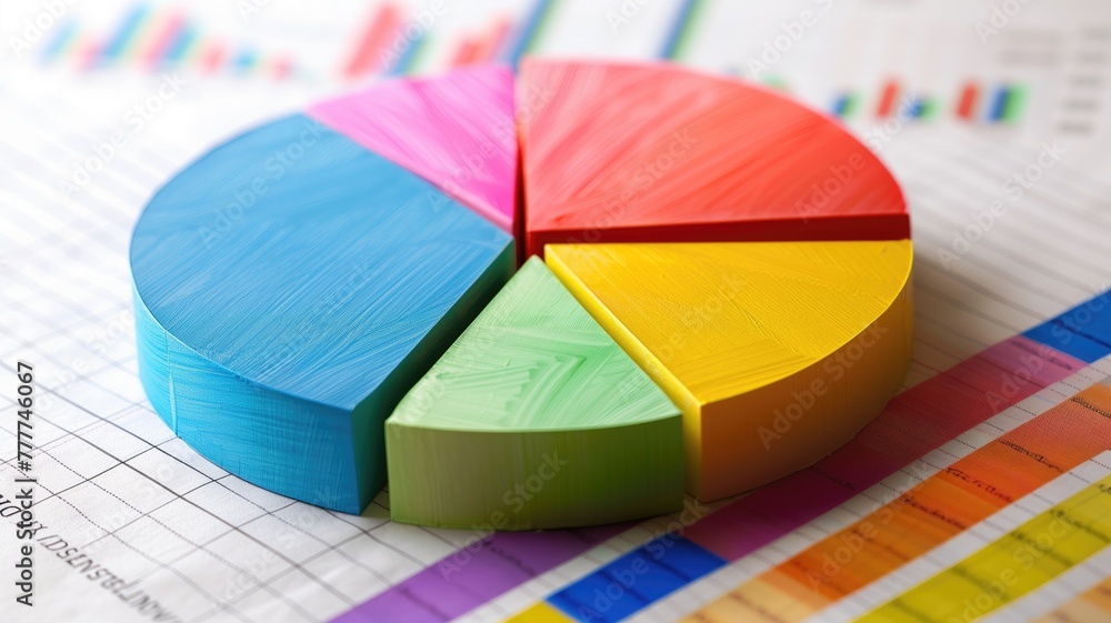 Colorful pie chart on printed graph paper with bar graphs in background Colorful pie chart on printed graph paper with bar graphs in background