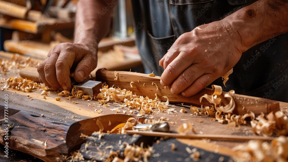 Person woodworking with hand tools, creating shavings on bench Person woodworking with hand tools, creating shavings on bench