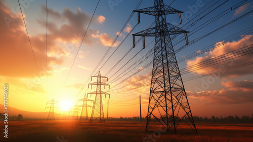 Full length photo high-voltage power lines at sunset, high voltage electric transmission tall tower. Texture high voltage pillar, overhead power line, industrial background. Panorama style. Silhoutte 