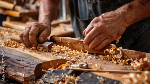 Person woodworking with hand tools, creating shavings on bench