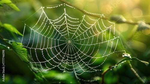 Dew-covered spiderweb glistens in sunlight among green foliage
