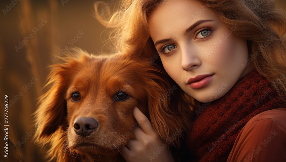 Beautiful red head woman posing with a dog. Woman posing happy with her dog. Candid photo of female veterinarian and golden retriever