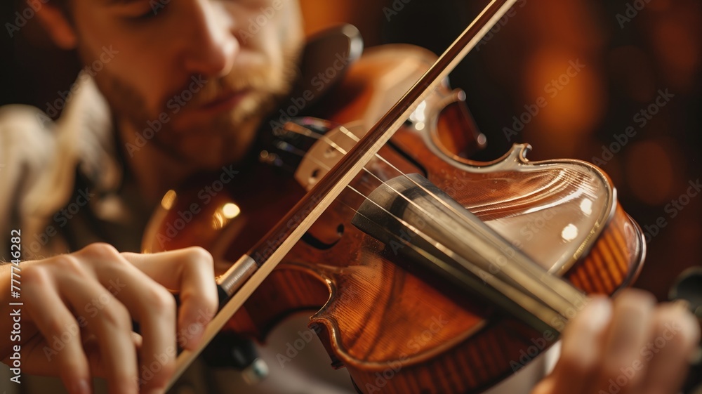 Close-up of man intently playing violin with bow, showcasing instrument and his focused expression Close-up of man intently playing violin with bow, showcasing instrument and his focused expression