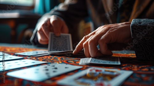 Close-up of person's hands dealing playing cards on colorful patterned tablecloth