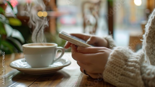 Person is browsing on smartphone with steaming cup of coffee in cozy cafe setting