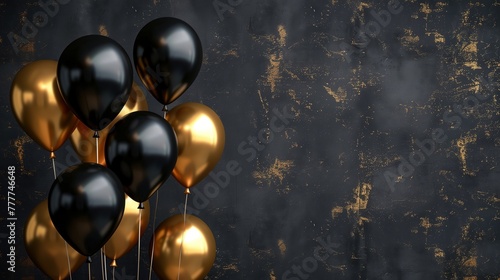 Black and golden balloons shimmering against a stylishly dark gray backdrop, evoking an atmosphere of opulence and jubilation, Solid Color Background, Plenty of copy space