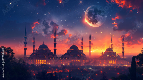 A captivating digital illustration depicting Arabian mosque towers standing tall under the crescent moon, symbolizing the blessings of Ramadan Eid Mubarak-3