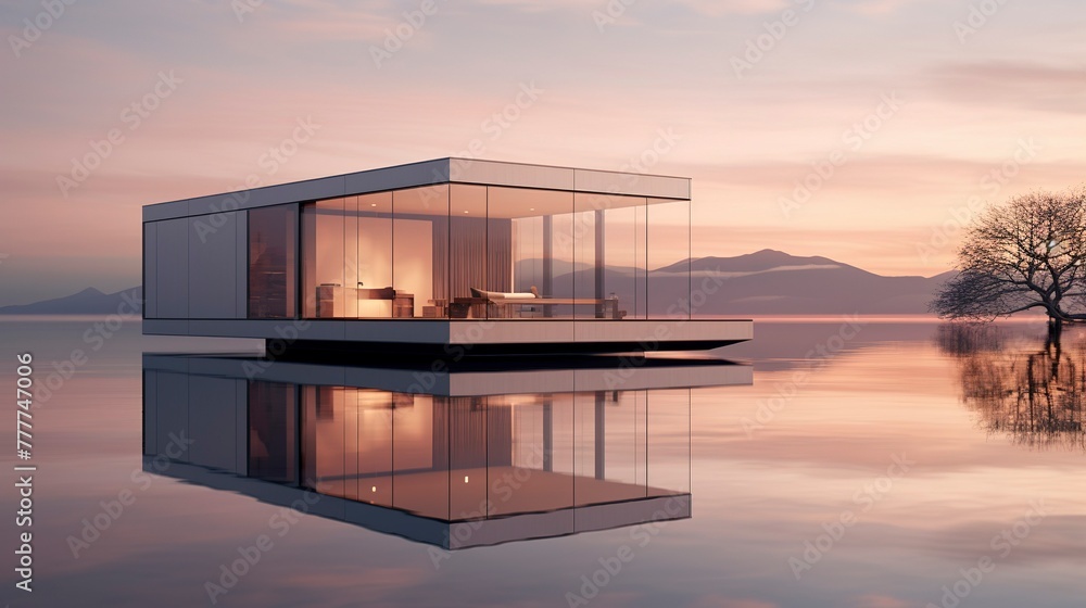Idyllic lakeside house at sunset with calm waters and forested hills in the background. Idyllic lakeside house at sunset with calm waters and forested hills in the background.