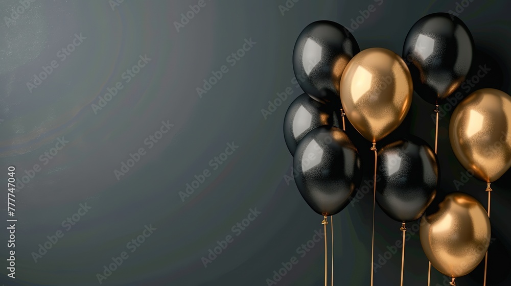 Black and golden balloons shimmering against a stylishly dark gray backdrop, evoking an atmosphere of opulence and jubilation, Solid Color Background, Plenty of copy space, real photo
