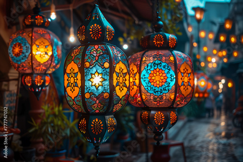A mesmerizing array of colorful lanterns hanging in a starlit night sky, casting gentle glows onto a serene Eid al Fitr backdrop-1 photo