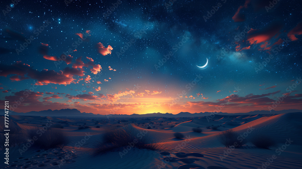 A serene desert landscape under a starry sky, adorned with crescent moons and twinkling lights, celebrating Eid Mubarak-1