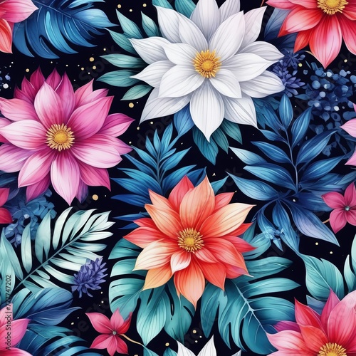 Vibrant flower painting set against dark backdrop. Bright colors of flowers pop out, creating visually appealing, captivating piece of artwork. For art, creative projects, fashion, style, magazines. © Anzelika