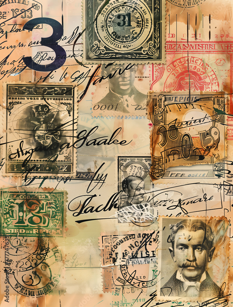 Fototapeta premium Retro Postal Collage with Stamps and Historical Figures