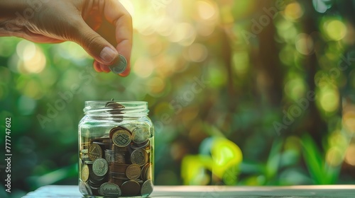 Hand putting coin in glass jar with coins inside for present and future, Concept of saving money for future, stock photography, copy space photo
