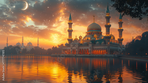Illuminate the serene night sky with a majestic mosque adorned in shimmering gold, accompanied by gleaming stars and a crescent moon-2
