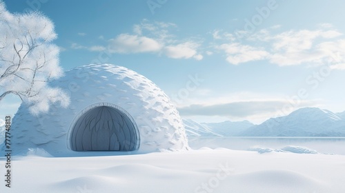 Igloo with warm light from entrance at twilight in a snowy landscape. © Xfinity Stock
