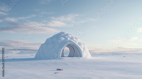 Igloo with warm light from entrance at twilight in a snowy landscape. © Xfinity Stock
