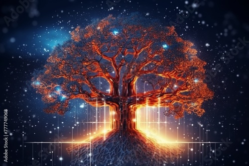 Tree of Knowledge, Interconnectedness, Complexity, Synaptic Activity.. Metaphorical representation of data-driven decisions. Neural network in artificial Intelligence. Machine learning