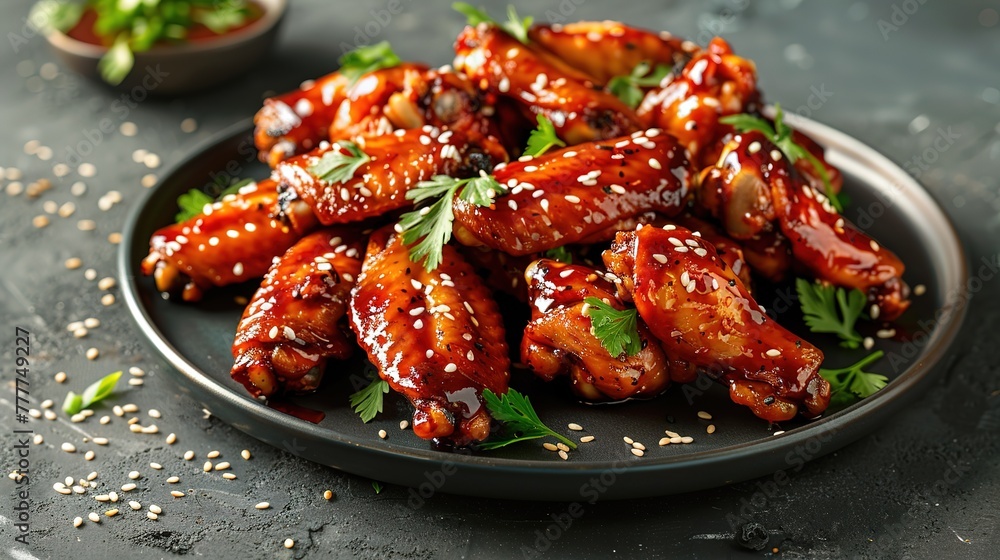 A plate of delicious crispy barbecue chicken wings with sesame seeds, captured in vibrant colors reminiscent of food photography by Tasty, copy space generative ai images A plate of delicious crispy barbecue chicken wings with sesame seeds, captured in vibrant colors reminiscent of food photography by Tasty, copy space generative ai images