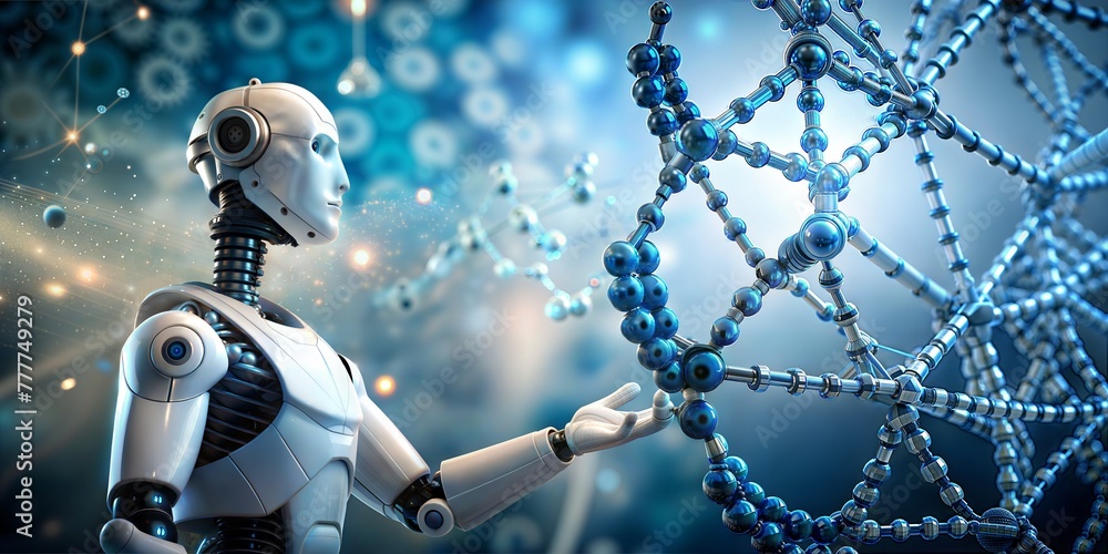 Advanced humanoid robot reaching out to touch a glowing dna helix in a ...