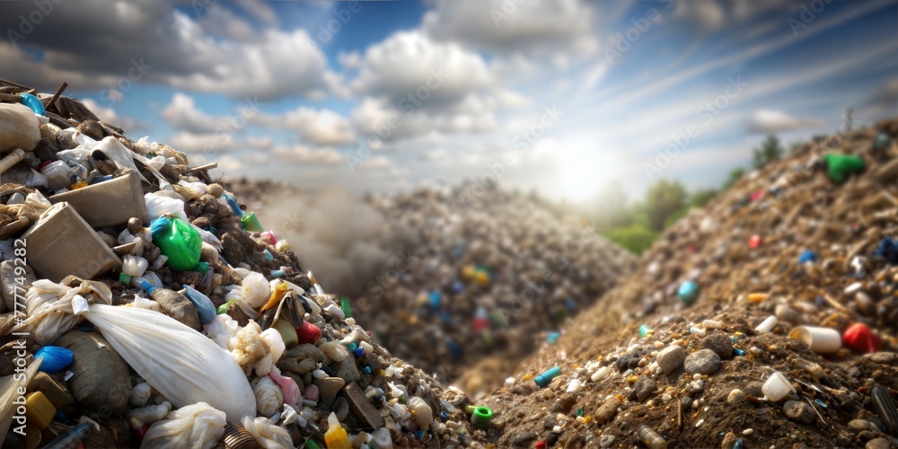 A vibrant image depicting a large pile of recyclable waste under a bright sky A vibrant image depicting a large pile of recyclable waste under a bright sky