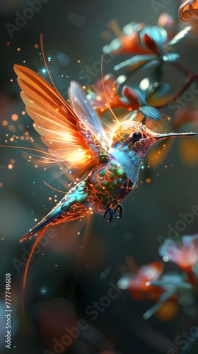 Iridescent Hummingbird Flight Sparkling Petals Twilight