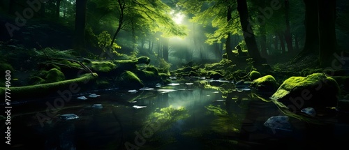 Enchanted Forest Sunlight Mossy Rocks Tranquil Stream Serene Nature