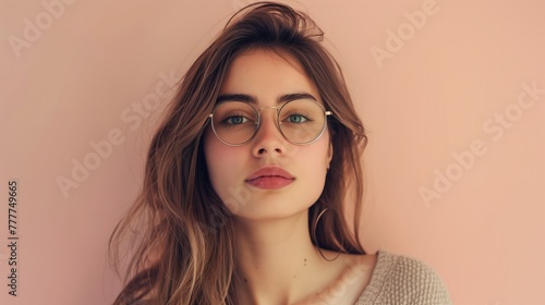 Confident young woman with stylish glasses posing against a neutral-toned background with ample copy space, real photo, stock photography