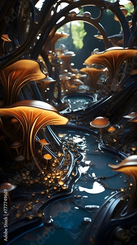 Surreal Metallic Organic Shapes Fluid Abstract Art