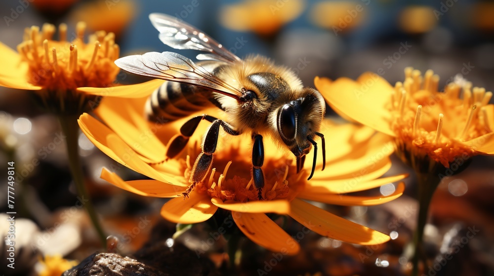 Bee on a flower. Selective focus. Shallow depth of field. - obrazy, fototapety, plakaty 