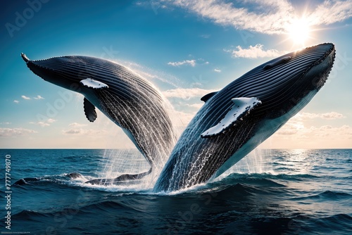 Two humpback whales jumping out of the water, with their flippers and tails in the air.