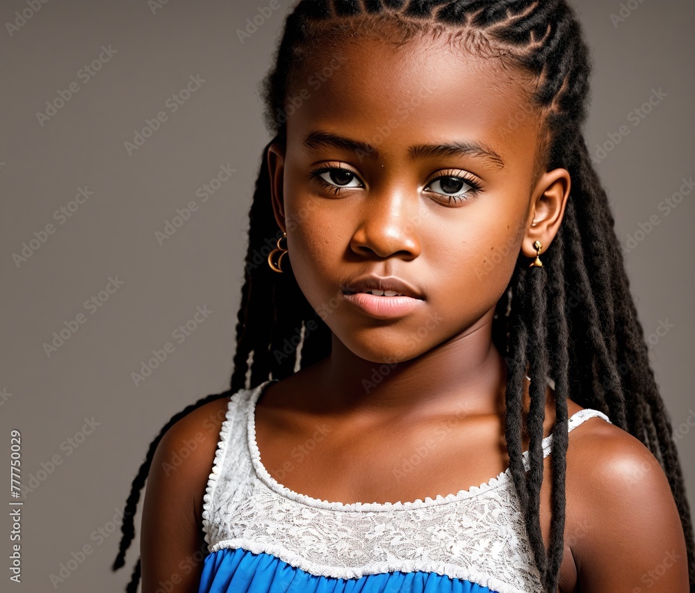 A young girl with braids in her hair, wearing a blue dress. A young girl with braids in her hair, wearing a blue dress.
